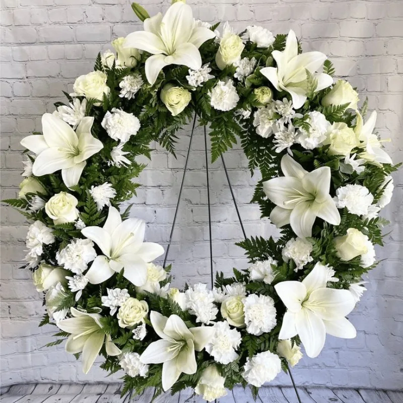 Krans Bulet Duka Cita 1Jt mawar dan lily putih premium - Florist Jakarta same day delivery