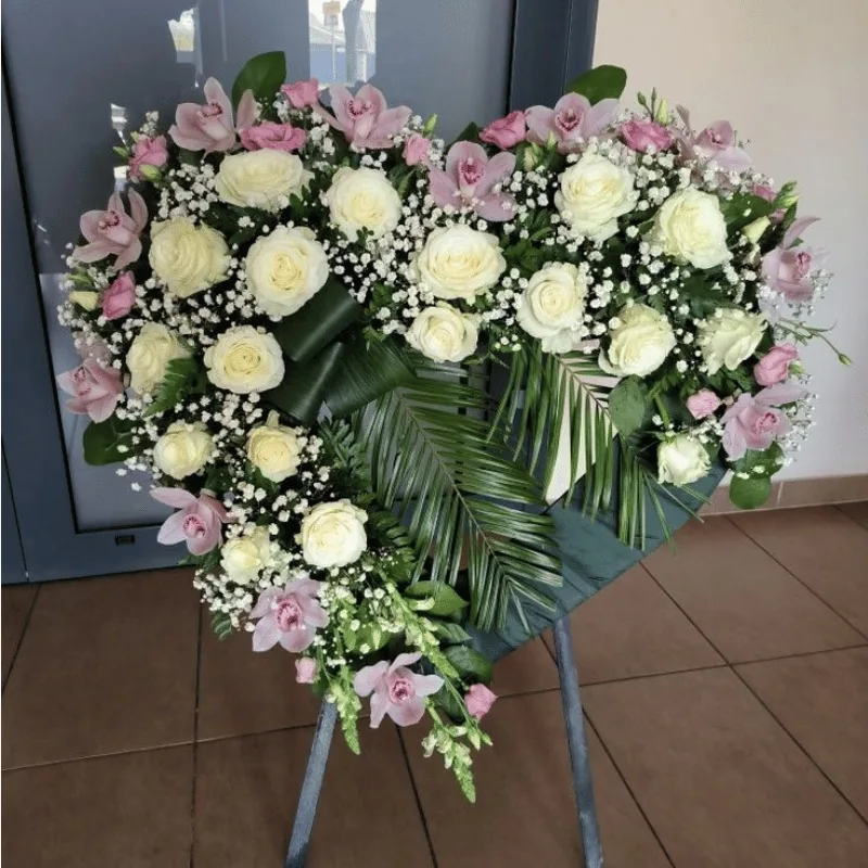 Krans Hati Duka Cita 1.5Jt mawar putih dan anggrek pink - Florist Jakarta same day delivery